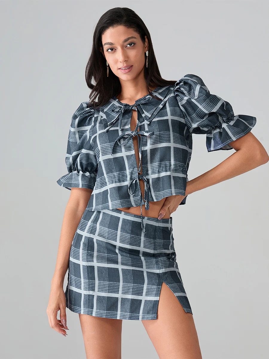 Women 2 Piece Outfits Summer Plaid Print Tie Front Short Sleeves Tops and Split Skirt Set for Streetwear