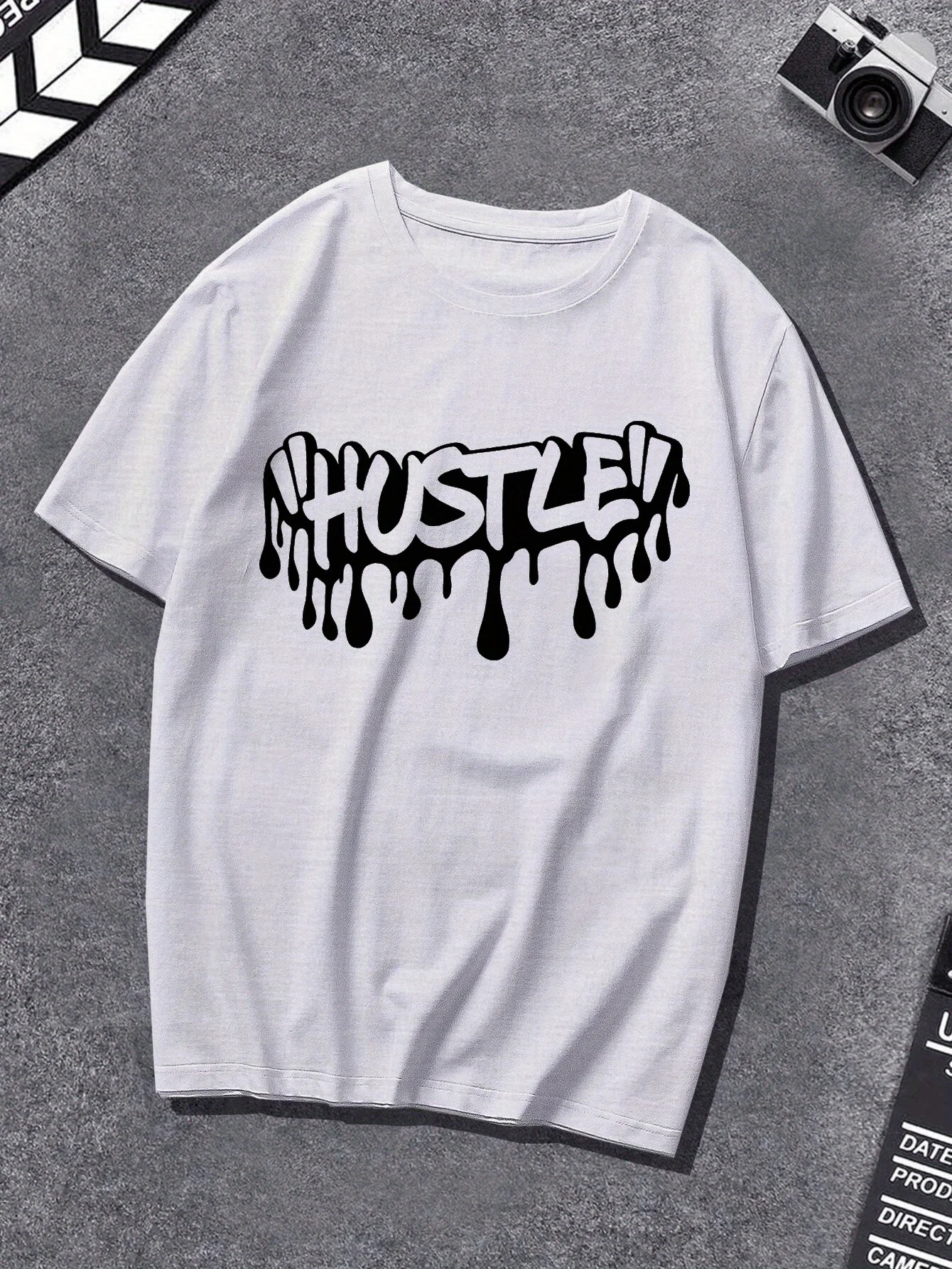 

HUSTLE!" Graphic Print Men's T-Shirt Casual, Lightweight Polyester with Geometric Design, Round Neck, Machine Washable