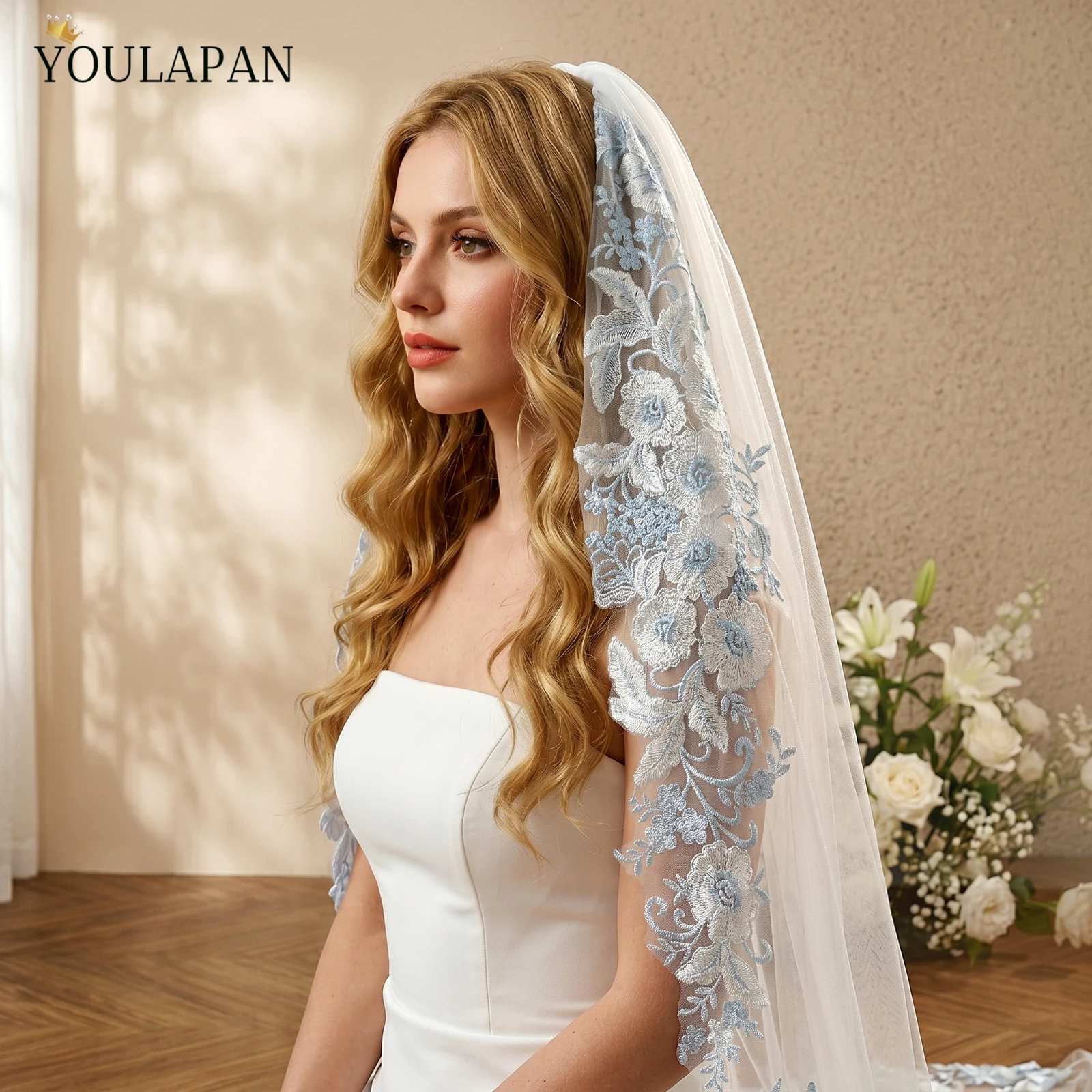 

TOPQUEEN фата кружевная Blue Lace Appliqué Bridal Veil One Laye Elegant Rochii Romantic Lace Voile De MariéE Long V331