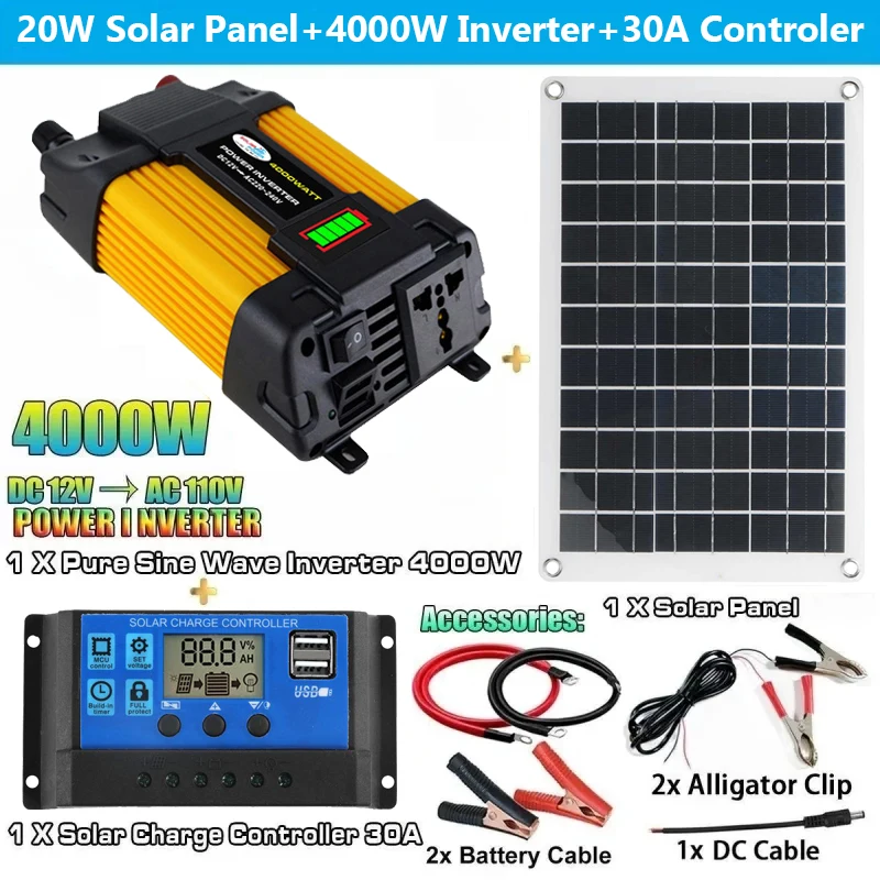 12V to 110V/220V Solar Panel System 20W Solar Panel 30A Controller 6000W Modified Sine Inverter Power Generation Kit for Outdoor