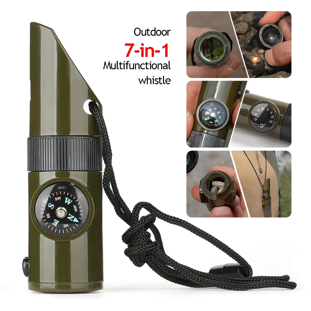 

7 in 1 Multifunction Whistle Portable Emergency Survival Whistle with Compass Thermometer Flashlight Camping Hiking Outdoor Tool