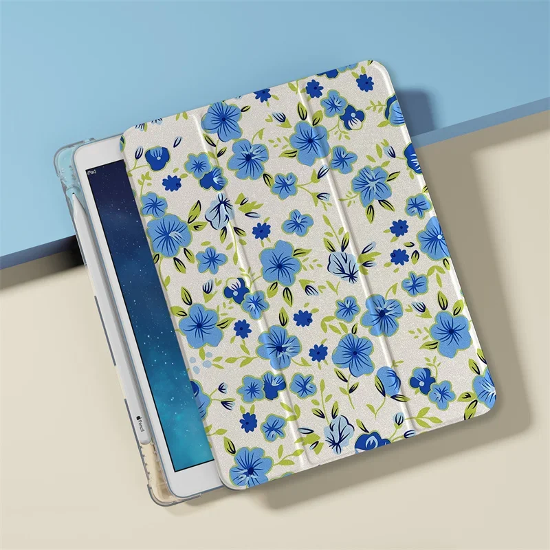 

Cute blue Flowers Tablet Case For iPad Air 2024 Pro 11 inch 5/4 10.9 10th 5/6/7/8 10.2 9.7 Air3 10.5 mini 6/5/4 Protective Cover