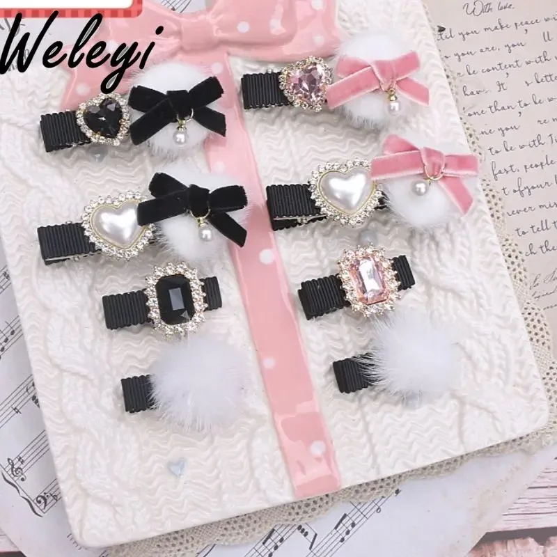 

Cute Japanese Mine Hair Accessories for Girls 2024 New Handmade Sweet Edge Clips Hairy Love Rhinestone Velvet Bow Small Hairpin