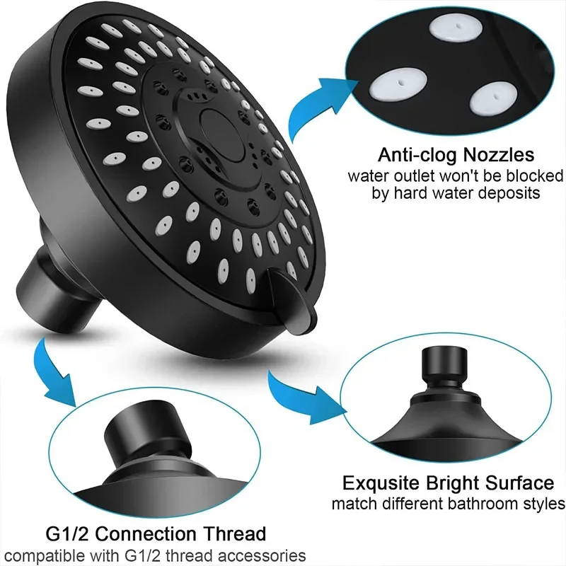Adjustable High Pressure Shower Head Sprayer Bathroom Fixture Faucet Replacement Part 5 Modes 4 Inch High Flow Fixed Showerheads