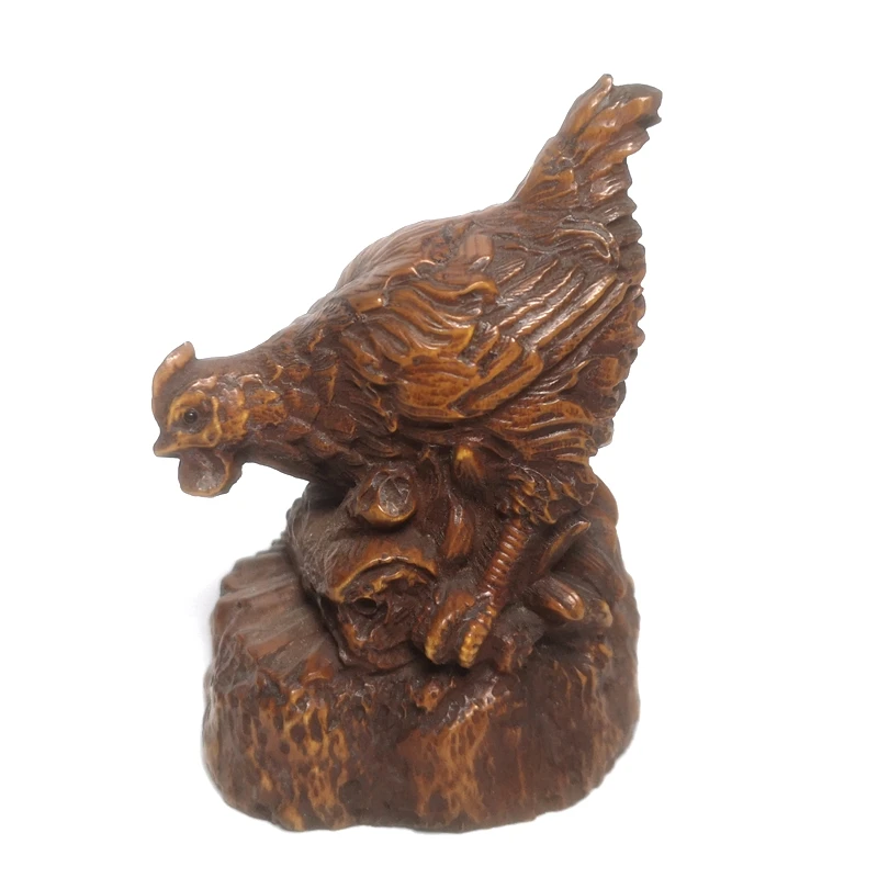 

1919 Antique art Size Old China Wood Hand Carved Animal Chicken Statue Decoration Collection H 7.6 cm