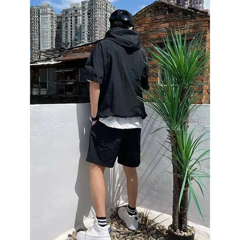 2024 Men\'s Summer New European and American Style Hooded Loose Zipper Two Piece Fashion Casual Beach Solid Color Shorts Set