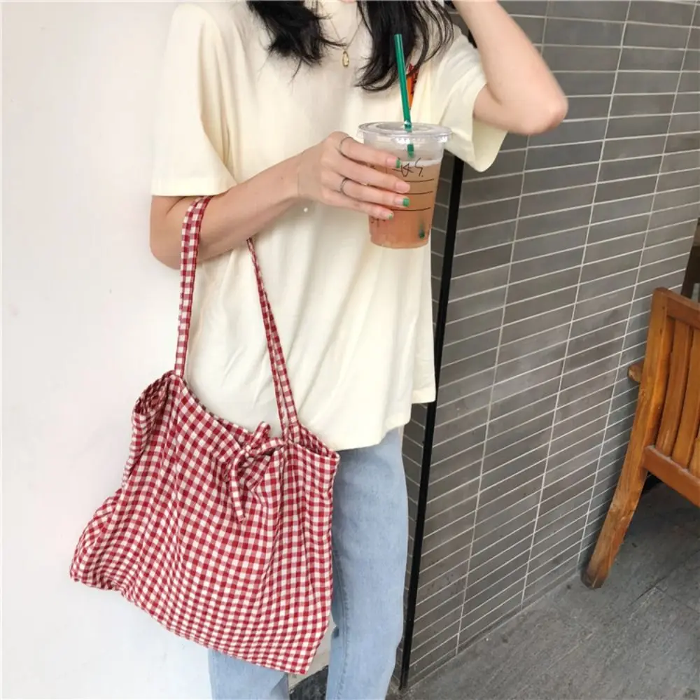 Fashion Women\'s Canvas Tote Shoulder Large Shopping Bag Plaid Eco Large Capacity Ladies Purse Pouch Girls Student Book Handbags