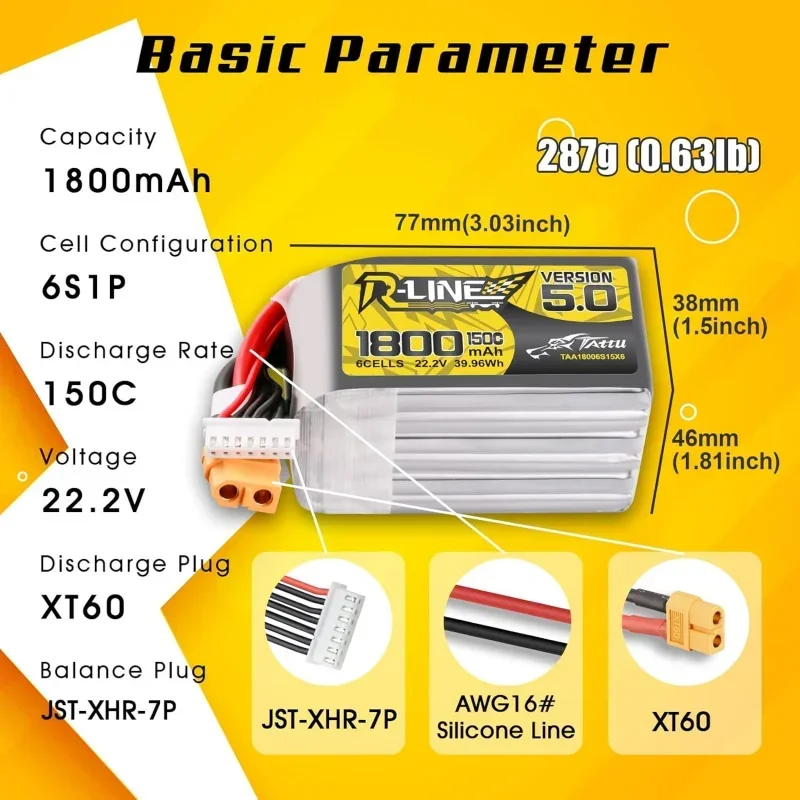 TATTU R-Line Version 5.0 6S Lipo Battery 22.2V 150C 1800mAh Lipo Battery Pack with XT60 Plug