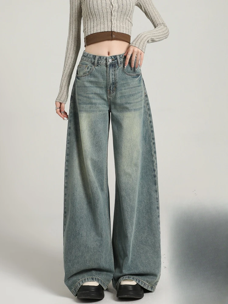 

Women's autumn and winter new high waisted loose and versatile straight leg mop wide leg pants American style retro jeans