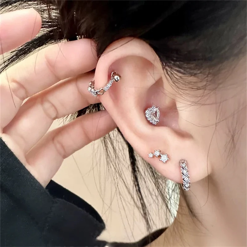 New Hollow Out Love 316L Stainless Steel Annular Ear Bone Nail Fashion Delicate Silver Color Earring for Women Y2K Punk Jewelry