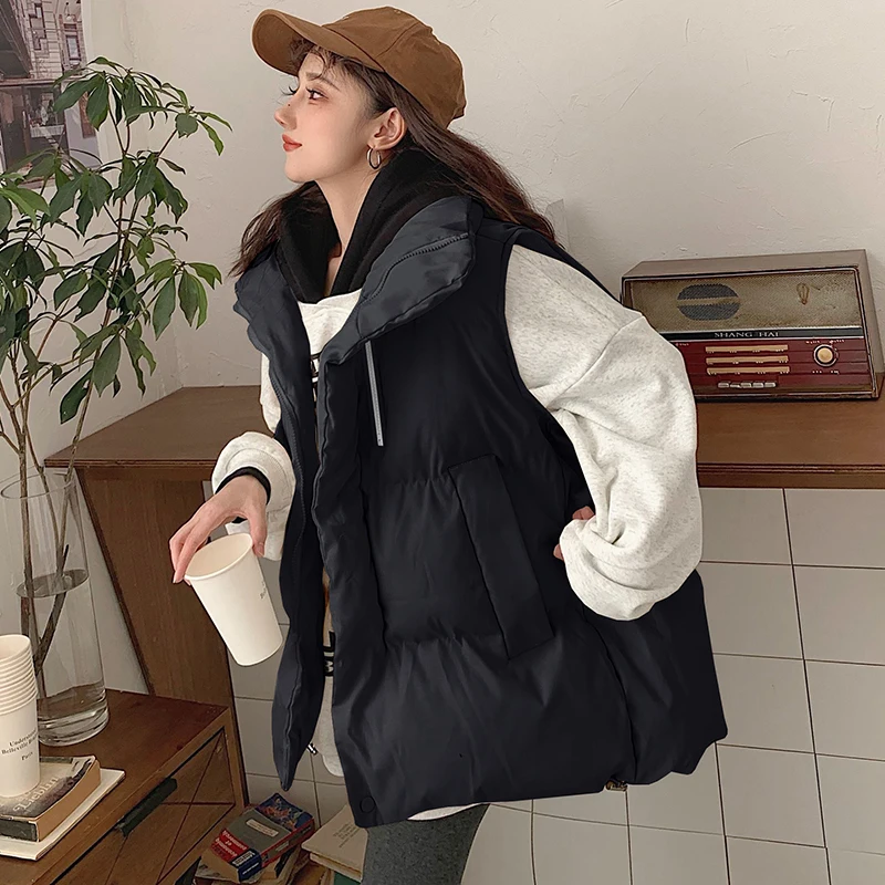 Winter Pregnant Women's Cotton Vest Loose Stand Collar Zipper Fly Maternity Cotton-padded Jackets Pregnancy Outwear Black Beige