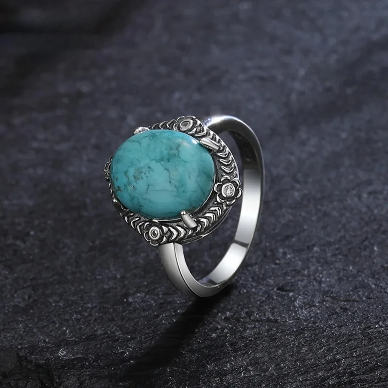 

925 Sterling Silver Rings Natural Turquoise Ring 10*12MM Moonstone Labradorite Vintage Ring Wholesale Fine Jewelry for Women