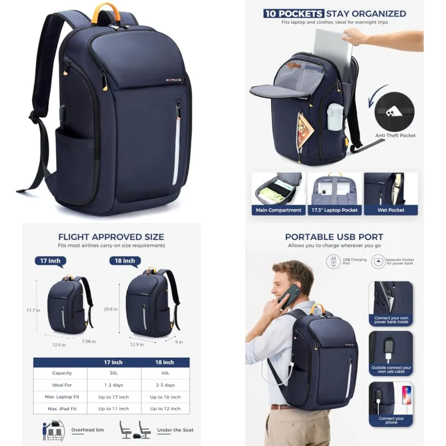

Busess Backpack for Men, Tech Waterproof Smart Laptop Backpacks with USB Charging Port, Flight Approved Anti-Theft Large Work C
