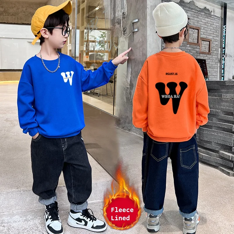 

Winter Warm Boys Cotton Alphabet Printing Fleece Lined Sweatshirt School Kids Track Pullover Jumper Child Work Coat Tops 5-16Yrs