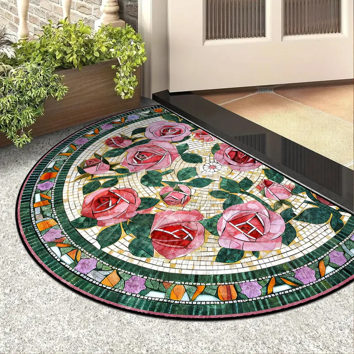 

Entrance Doormat Spring Garden Decorations Outdoor Carpet Home Door Entry Mat Semi-circular Rug Colorful Floral Floor Mats
