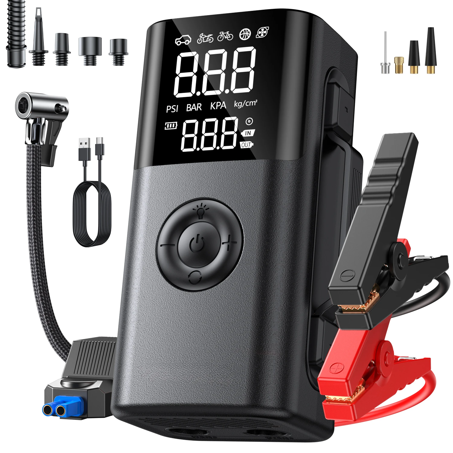 

BUVAYE Car Jump Starter Air Compressor with Power Bank Portable Battery Booster Electric Air Pump Motorcycle Bike Tire Inflator