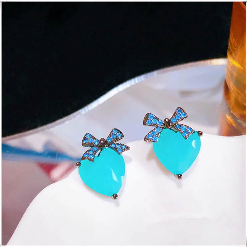 

Blue Earrings 925 Needles Retro Sweet Lady Love Bow High-quality Zircon Crystal Fairy Net Red Personality Wild Jewelry