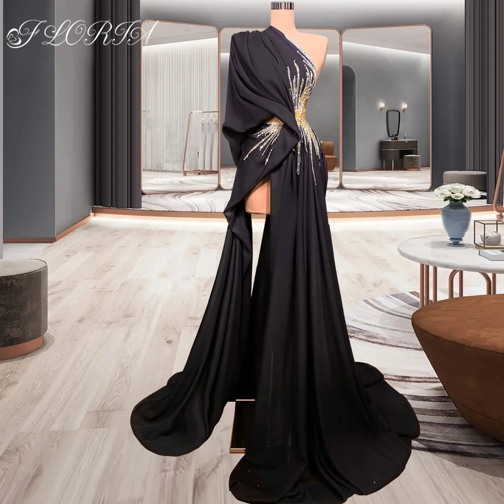 New Custom Made 2023 Black Formal Party Dress One Shoulder Gold Beadings High Slit Prom Dresses Performance Evening Wear Wedding