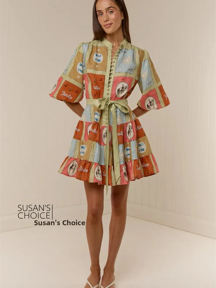 

Женское платье Susan Australian Holiday из льняной ткани с оранжевым клетчатым принтом, короткое, с поясом, с рукавами-фонариками