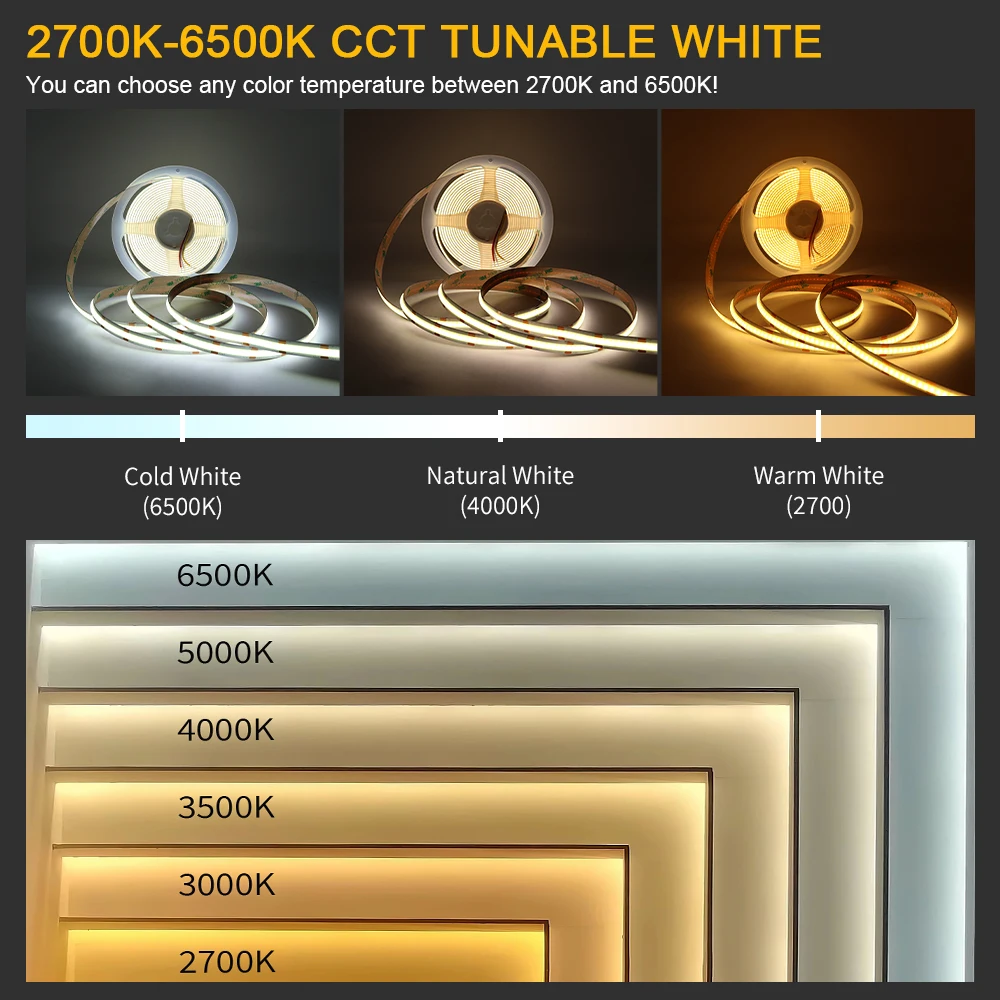 Taśmy LED COB CCT 2700k do 6500k Wymienne diody LED Elastyczna wstążka 600 diod LED / m Taśma LED do dekoracji pokoju DC12V 24V