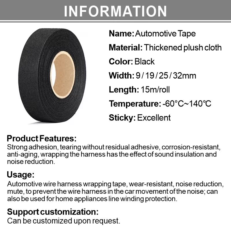 1Rolls Heat-resistant Adhesive Cloth Fabric Tape  Width 9~32mm Cable Harness Wiring Loom Durable, High - Performance Tapes