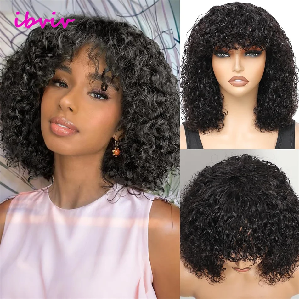 Pelucas de cabello humano Bob corto y rizado profundo con flequillo, peluca sin pegamento para llevar, peluca de color rubio con ondas de agua y miel para mujer