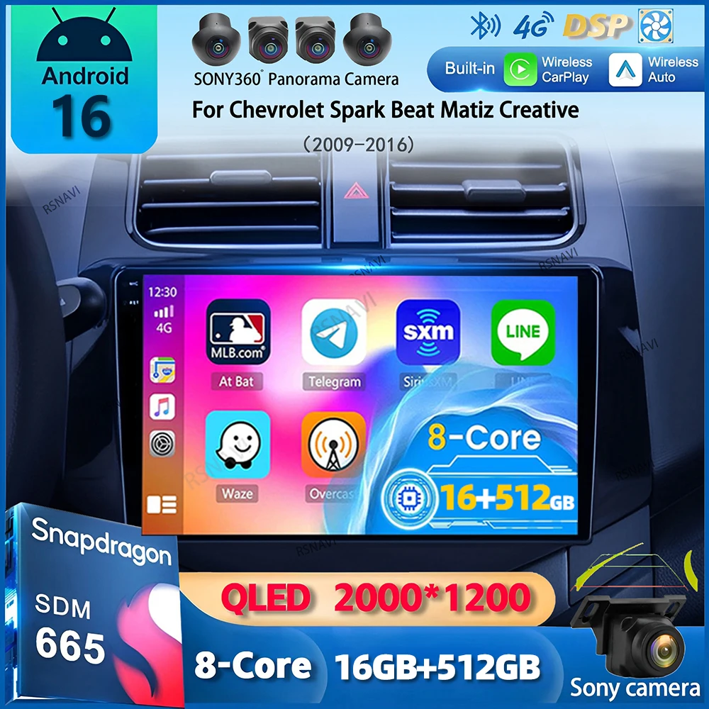 Android 16 Carplay Car Radio For Chevrolet Spark Beat Matiz Creative 2009-2016 Multimedia Video Player Stereo Head Unit 2din DSP