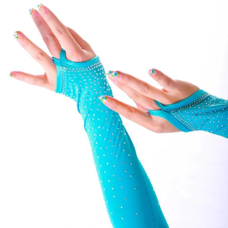 Sexy Lace Rhinestone Gloves 42CM Long Cosplay Full Finger Women Nightclub Pole Dance Mittens Latin Dance Half Finger Arm Sleeves