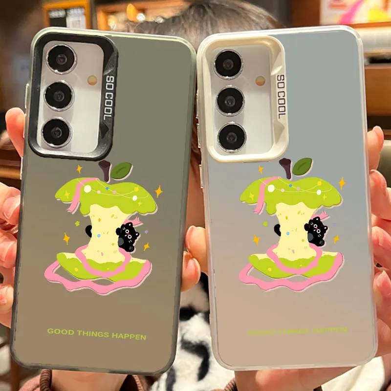 Cartoon Black Cat Apple For Samsung Galaxy Note 20 S20 Plus Lite Ultra FE 5G Matte Colored Silver Phone Case Cover