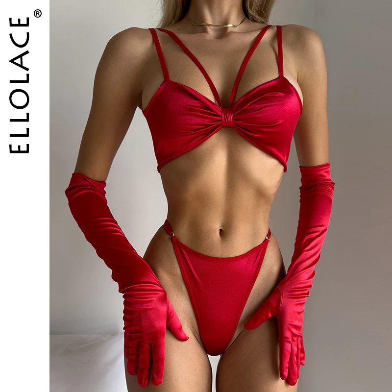 

Ellolace Christmas Lingeries Sexy Hot Elegant Satin Bra Thong 2PC with Gloves Romantic Wedding Intimate Lingerie For Ladies