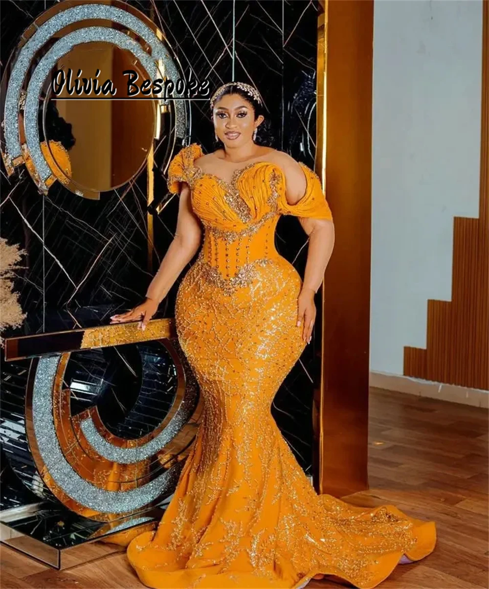 Vivid Orange Mermaid Evening Dresses Beads Crystals Long Sleevs Pleat Mexican Elegant Party Dress For Women 2025 Customized