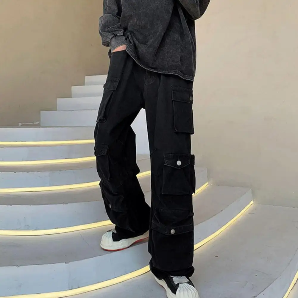 

Trendy Men Mopping Pants Loose Bottoms Men Long Pants Washable Mid Waist Cargo Pants