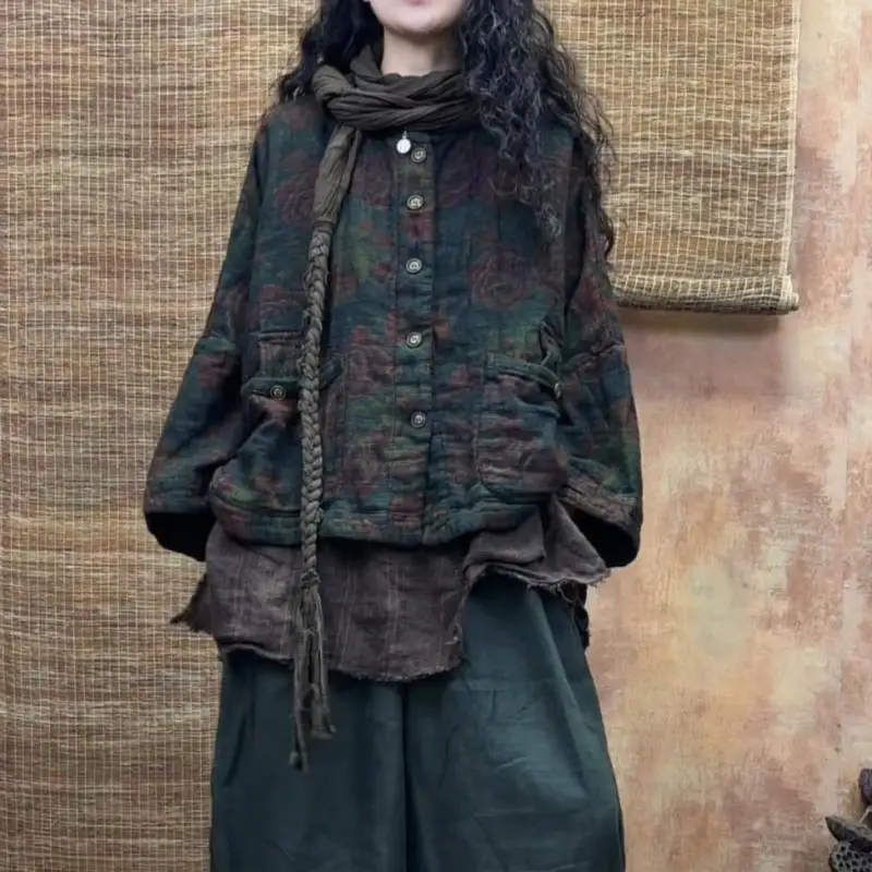 

Autumn New Arts Style Women Single Breasted Vintage Loose Jackets High Quality Cotton Linen Printing Batwing Sleeve Short Coat
