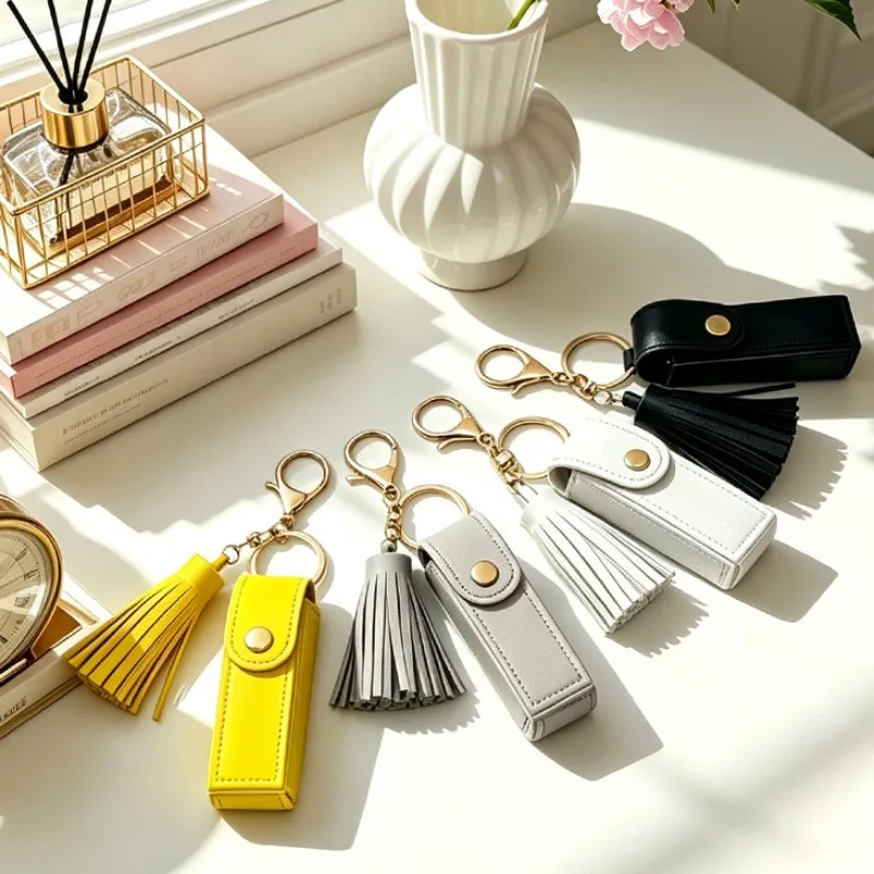 Mini Lipstick Bag Custom Text Keychain PU Leather Customized Name Bag Charm Laser Engraving Personalized Text Key Chain Bulk view 2