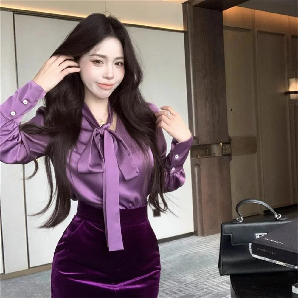 

Women's Shirt Slim Korean Style Good Quality Vintage Tops For Women Young Girls' Elegant Bow Blouse Long Sleeve Purple Fashion