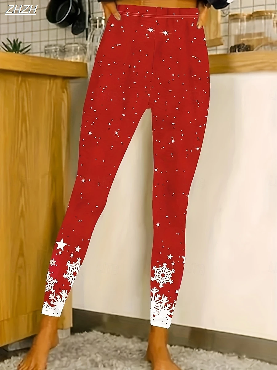 Women's Leggings 2025 Christmas Snowflake Graphics Outdoor Trousers Polyester Spandex Stretch Elastic Waist,Control Streetwear