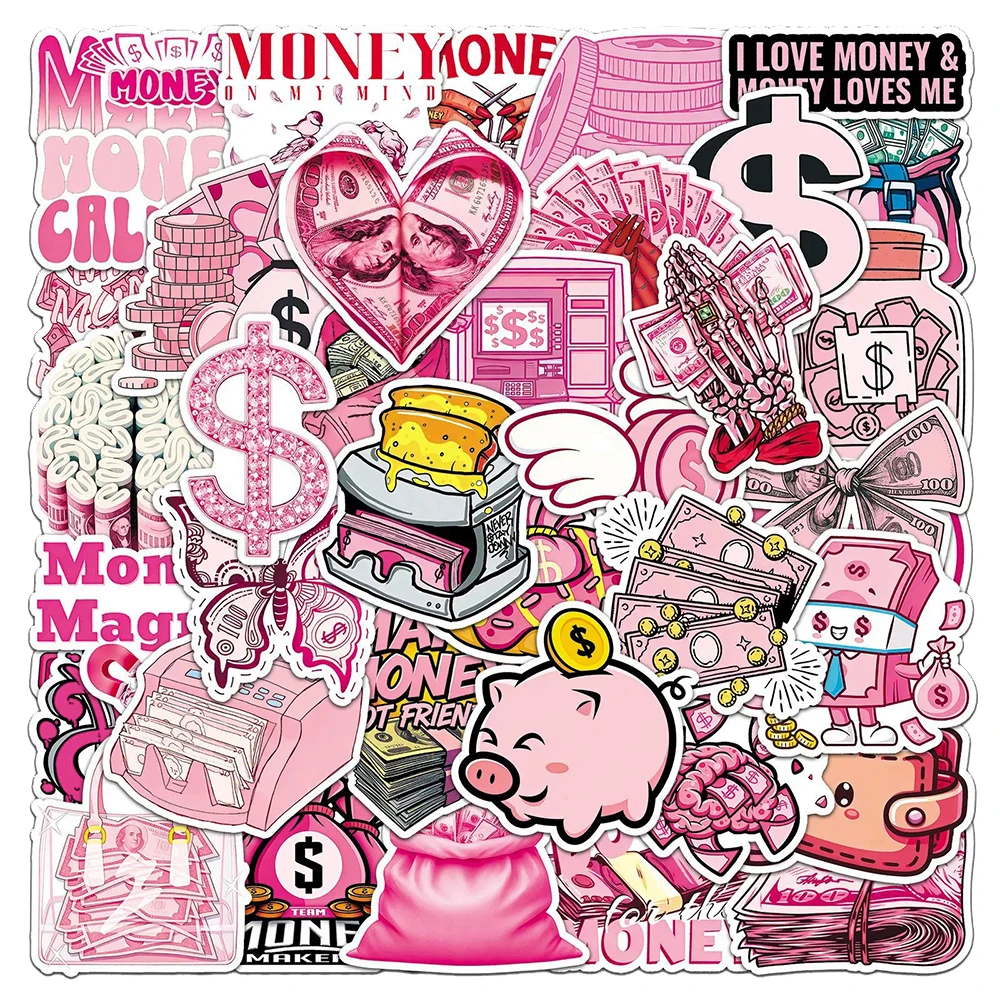 10/30/50Pcs Funny Dollar Money Graffiti Stickers Cute Pink Banknote Decals DIY Decor for Suitcase Guitar Helmet