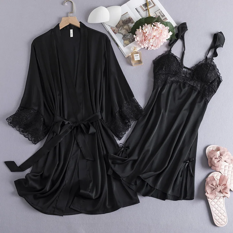 Silk Robe Nightgown Sexy 2Pcs Lace Edge Home Dress Summer Casual Bathrobe Home Dress Sleep Suit Home Clothes Kimono Nightwear