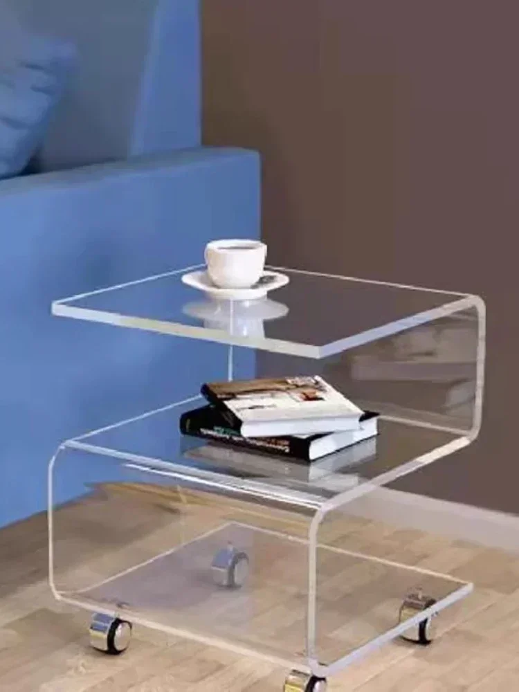 

Creative S-shaped Transparent Acrylic Coffee Table with Wheels Storage Bedside Table Movable Corner Tables Home Furniture