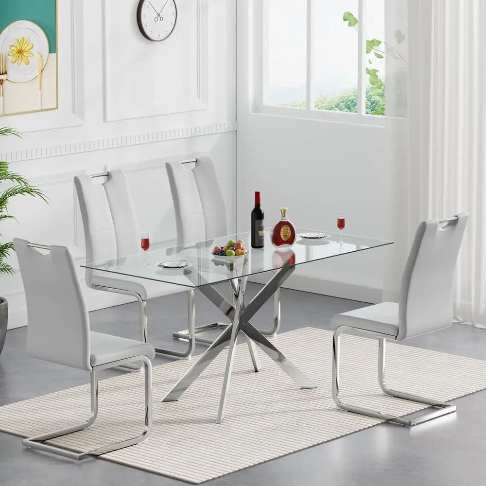 

5-Piece Tempered Glass Dining Table Set with 4 PU Chairs for Kitchen or Dining Room
