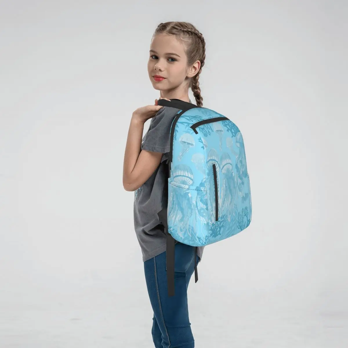 Light Blue Jellyfish Watercolor Painting Backpack Daypack Children BookBag School Bag Shoulder Bags for Men Women