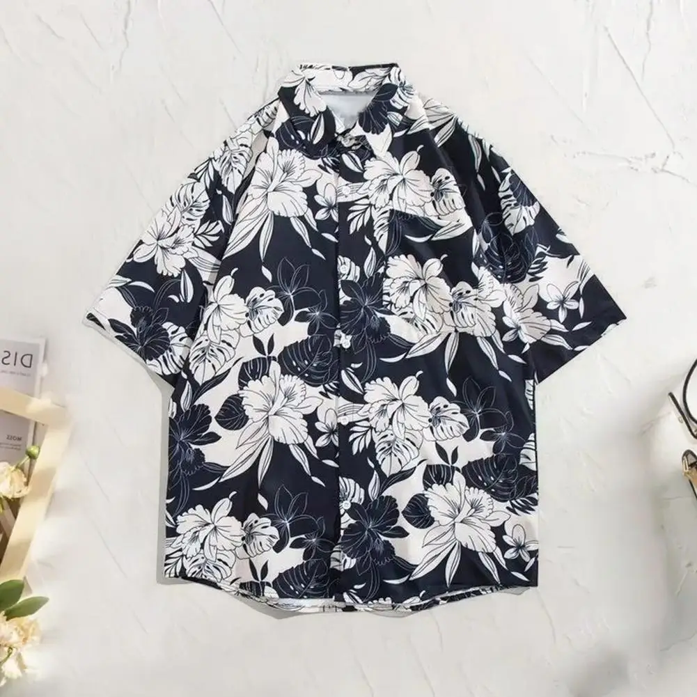 Men Loose Fit Shirt Tropical Floral Print Hawaiian Shirt for Men Beach Vacation Top with Chest Pocket Lapel Collar Stylish