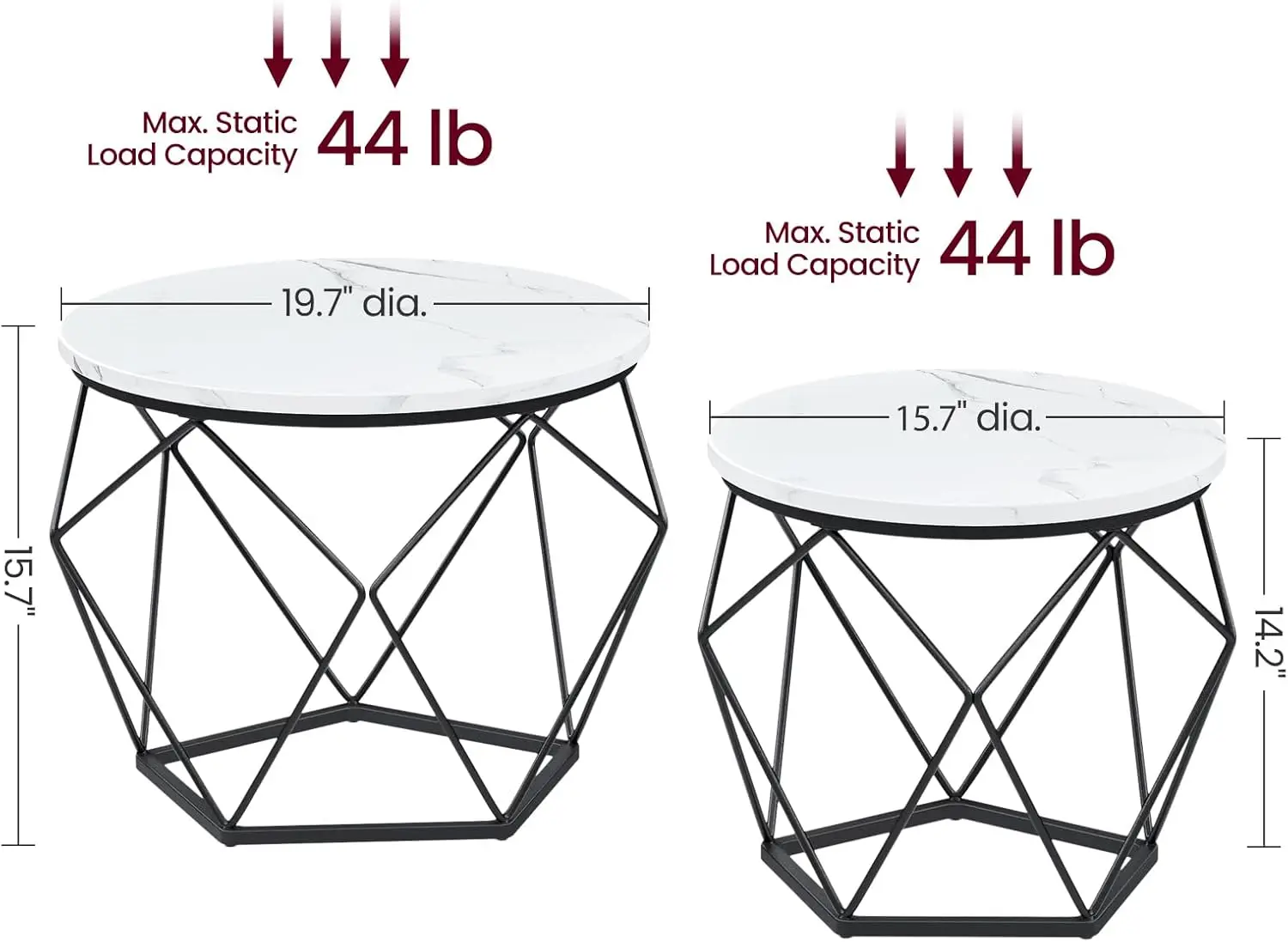 Lot de 2 petites tables basses rondes avec cadre en acier, bout latéral pour salon, chambre à coucher, bureau, marbre blanc et noir encre