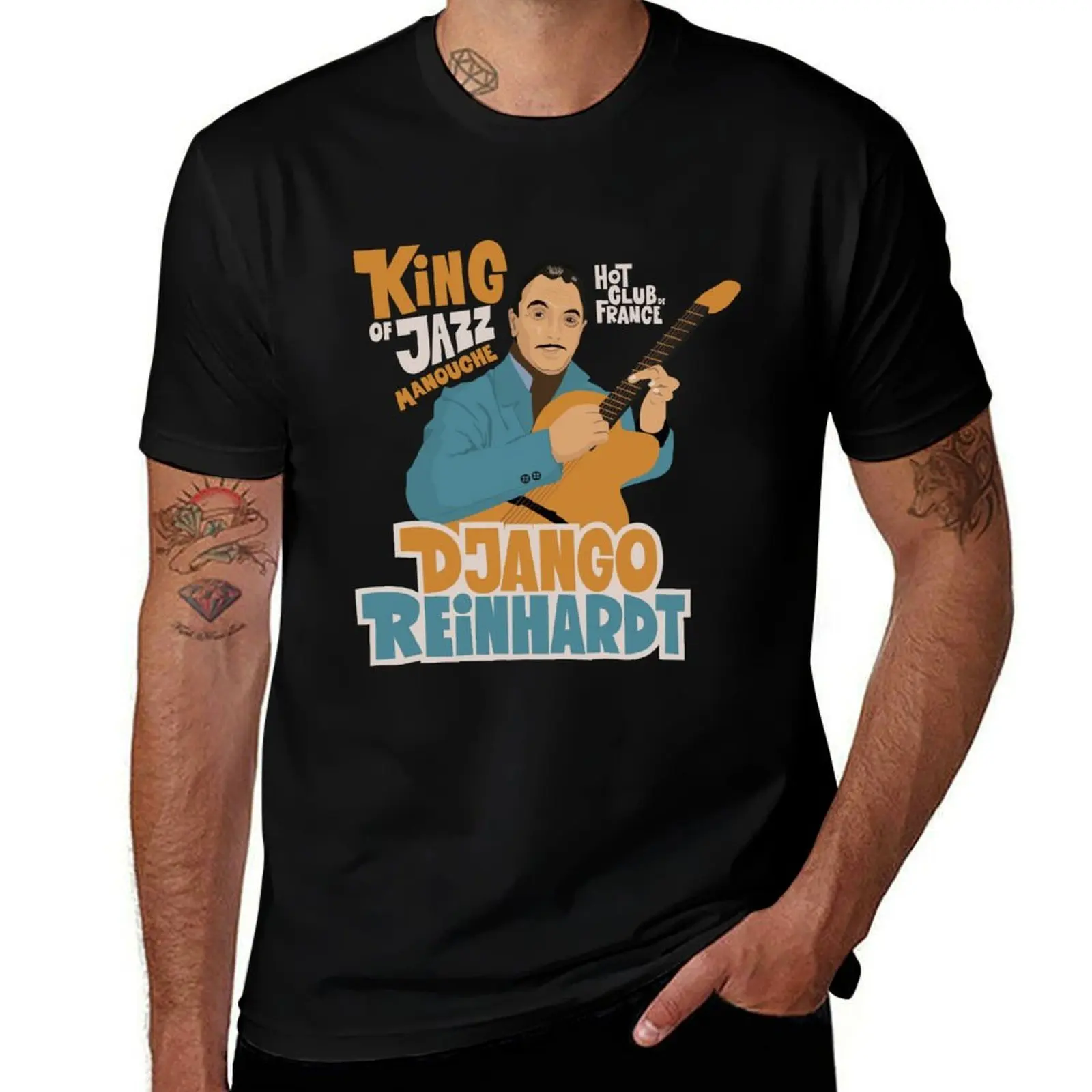 Django Reinhardt: A Jazz Guitar Legend Brought to Life with this Captivating Illustration. T-Shirt man t shirt summer T-Shirt