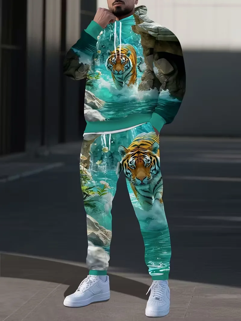 

Мужской костюм с капюшоном, спортивный костюм с 3D принтом животного, тигра, пуловер с длинными рукавами, повседневная уличная одежда, осенний спортивный костюм большого размера