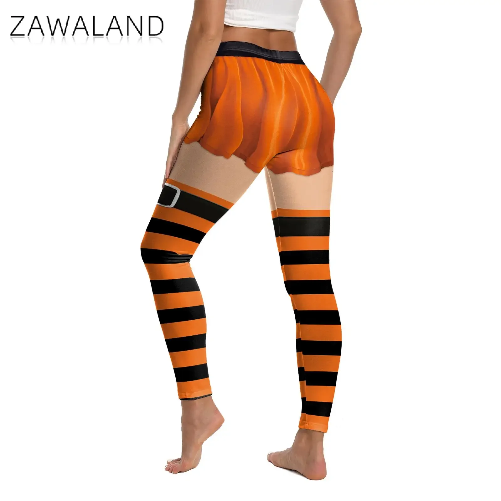Zawaland اليقطين مخطط نمط هالوين طماق للنساء البرتقال تأثيري السراويل منتصف الخصر مطاطا اليوغا السراويل الجوارب الطرف