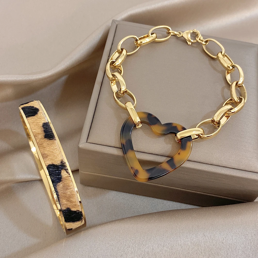 AENSOA Leopard Print Patch Design Bracelet Hollowed-out Heart-shaped Chain Spliced Personality Women's Bangles Jewelry Party