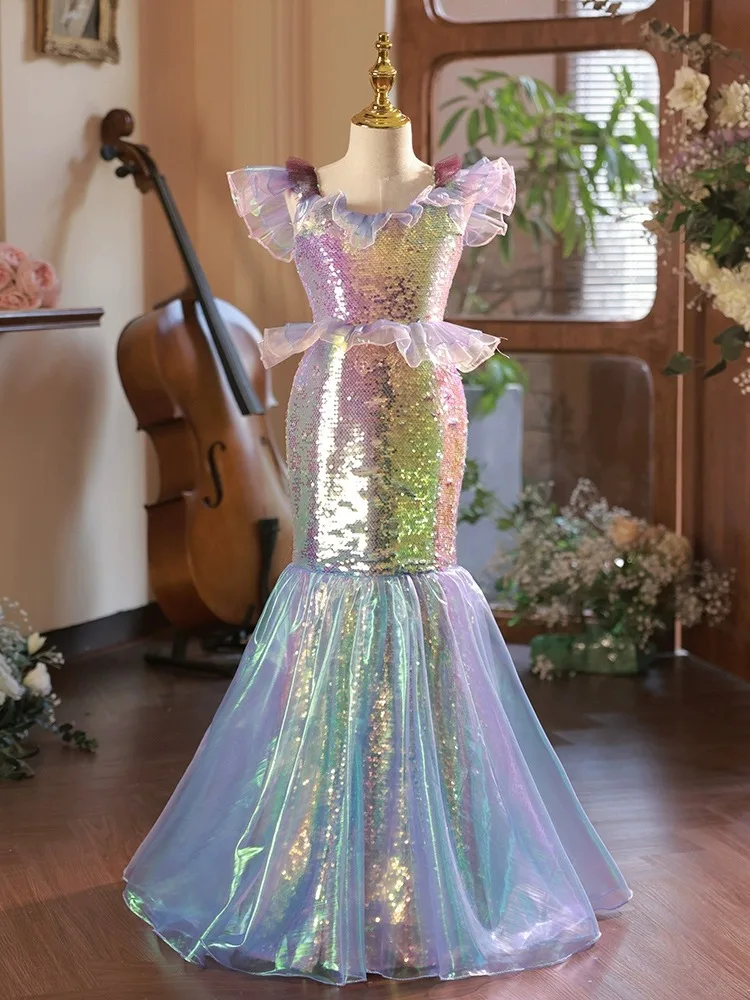 Kinder kleid Pailletten Fischschwanz Prinzessin Kleid kleines Mädchen Host Zug Modell Mädchen Laufsteg Kleid