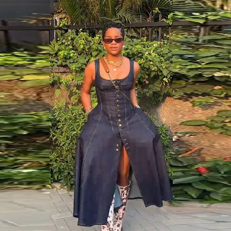 Chic Sleeveless Gown Square Neck Button Front Split Hem Back Tie Corset Waist A-line Midi Skirt Casual Streetwear Fashion Dress