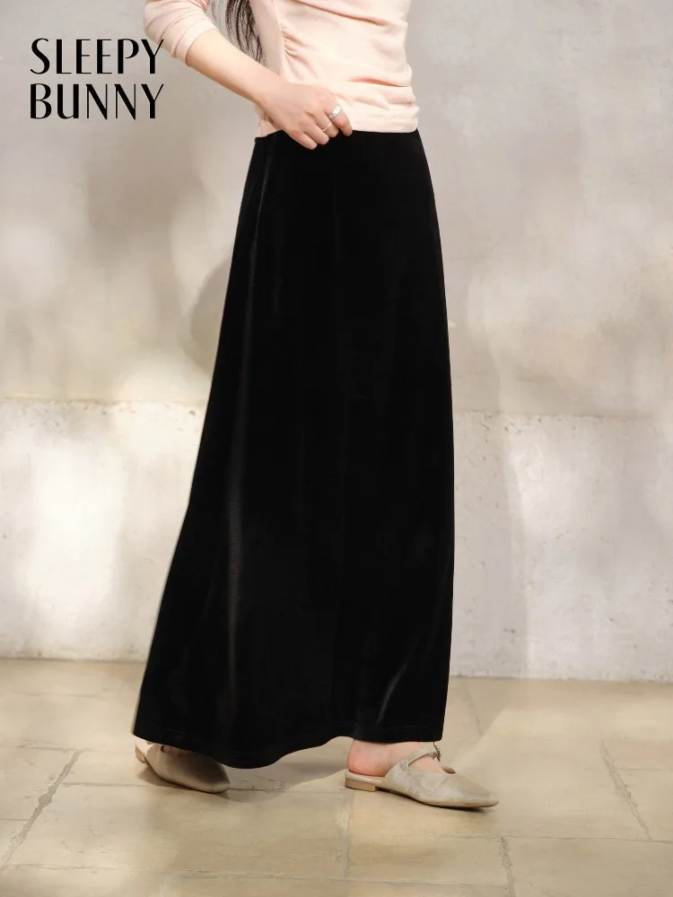 Elegant Velvet Midi Skirt for Women Winter High Waist A-line Long Skirt Soft Flowing Vintage Style Warm Party Daily Wear Skirt